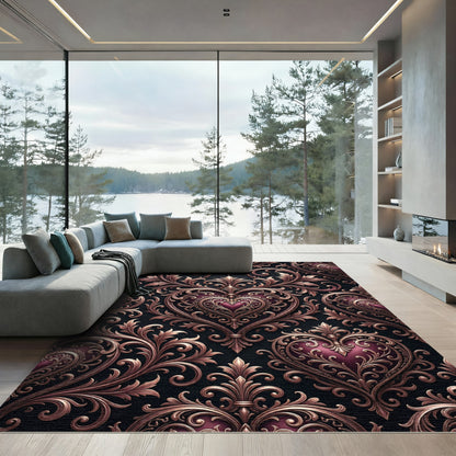 Ornate Crimson Heart Swirls Rug