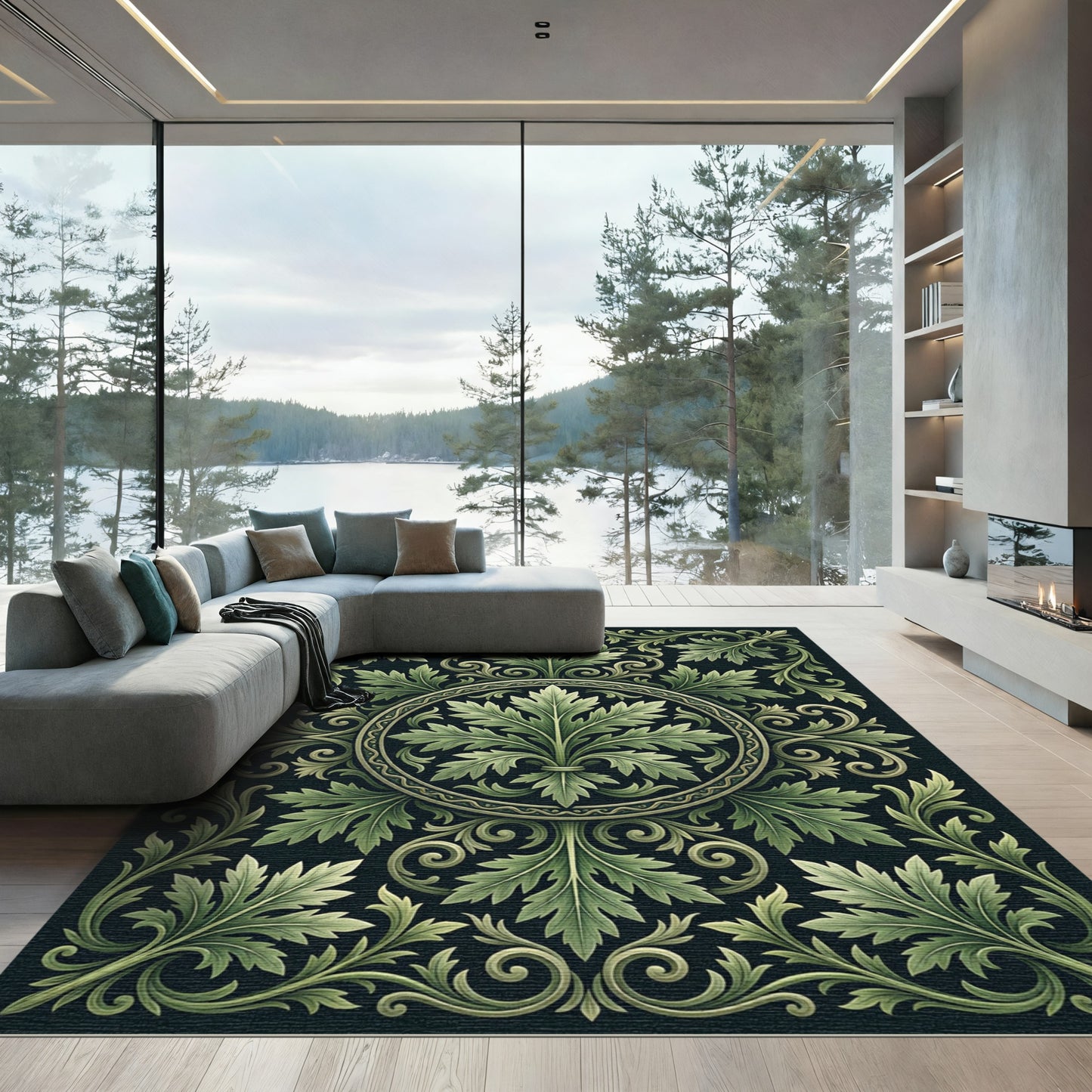Verdant Leaf Scrollwork Medallion Rug