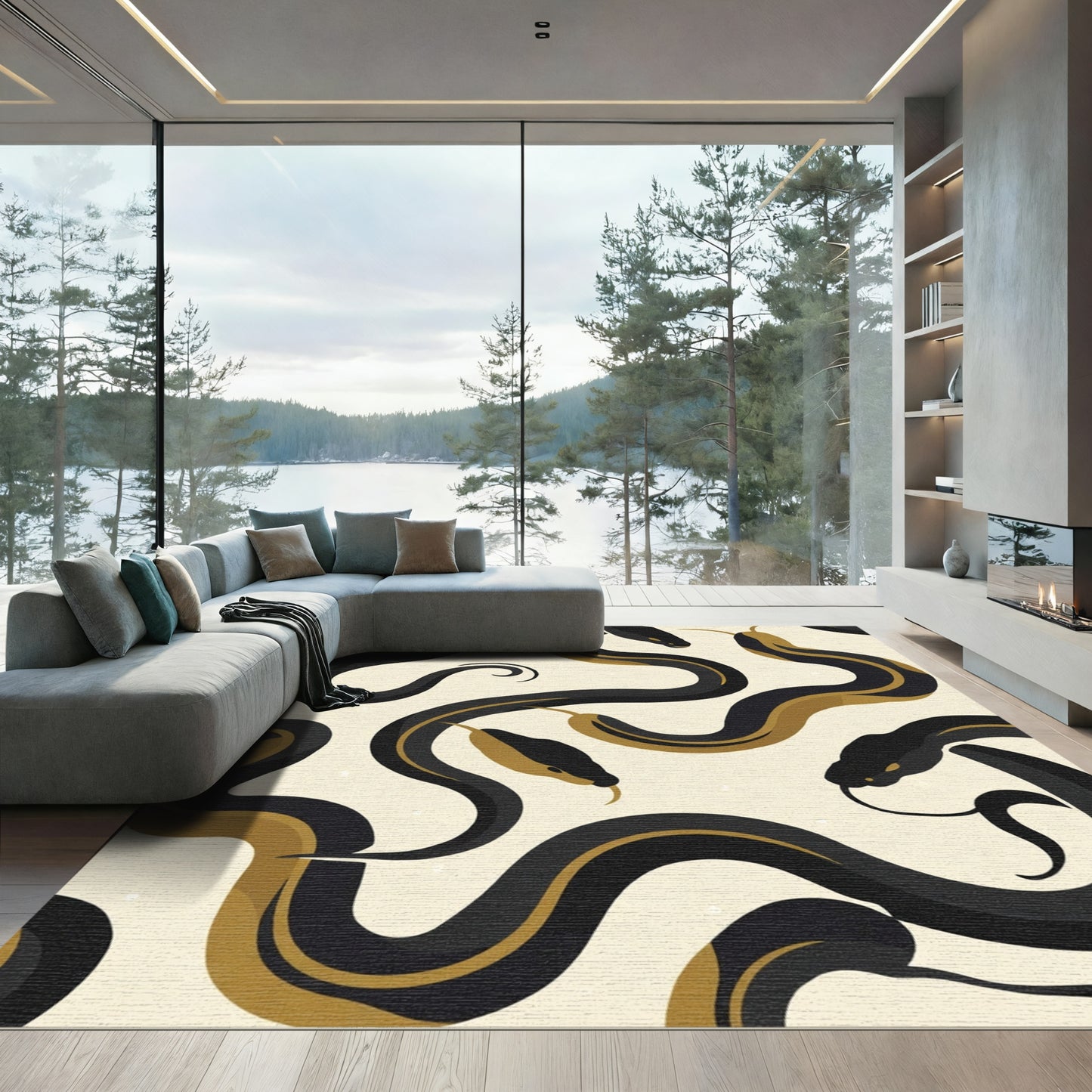 Serpentine Black Gold Snakes Cream Rug