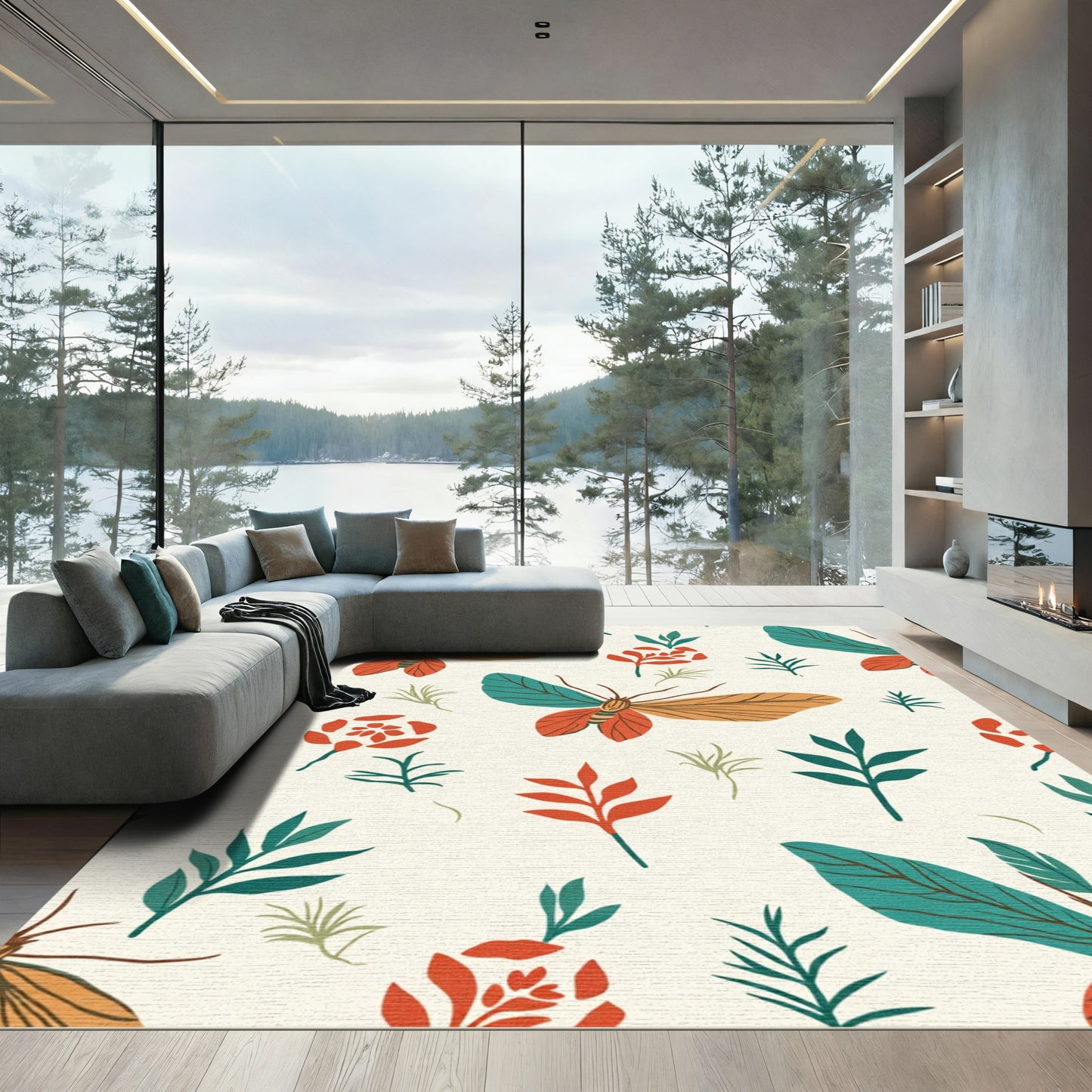 Orange Teal Butterfly Floral Garden Rug