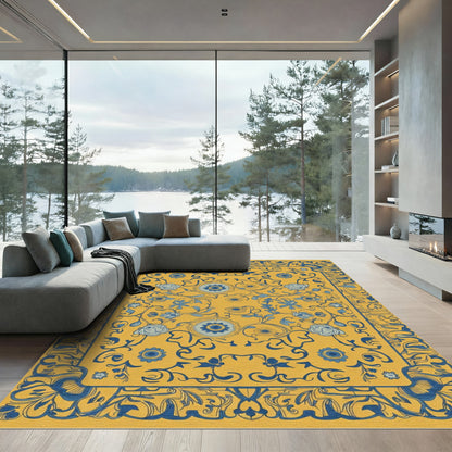 Golden Blue Floral Swirl Medallion Rug