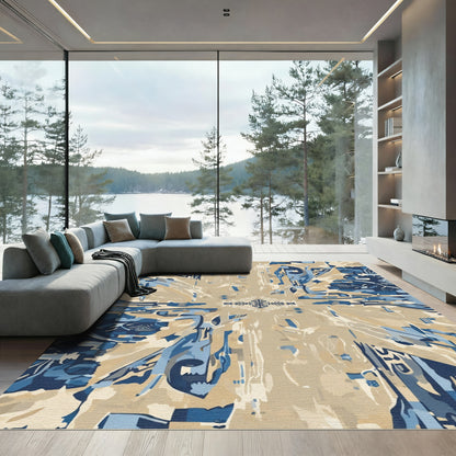 Abstract Tonal Blue Earthy Burst Rug