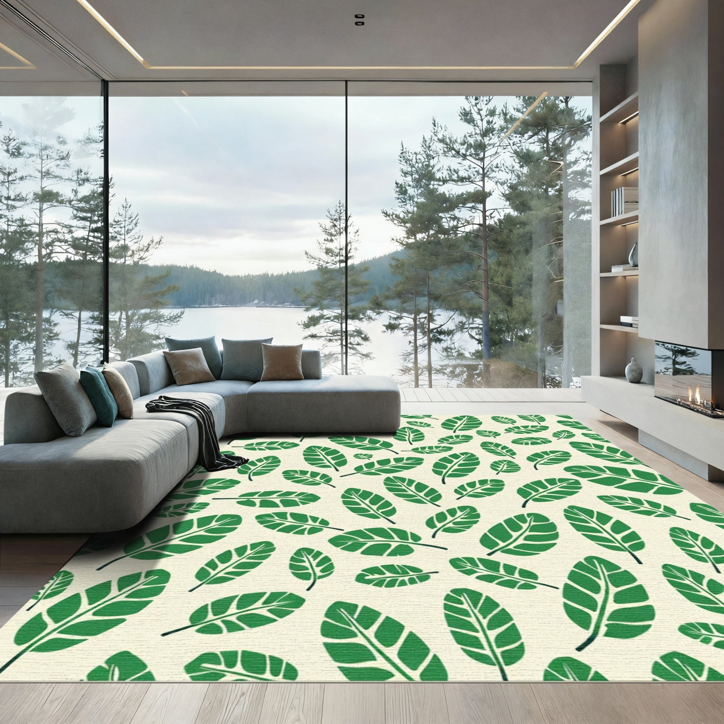 Green Leaves On Cream Background Rug
