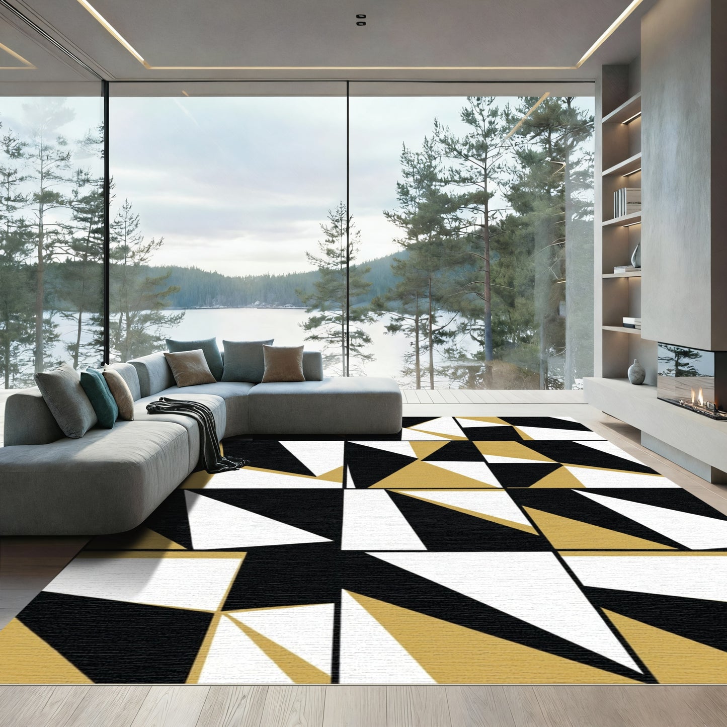 Gold Black White Geometric Abstraction Rug