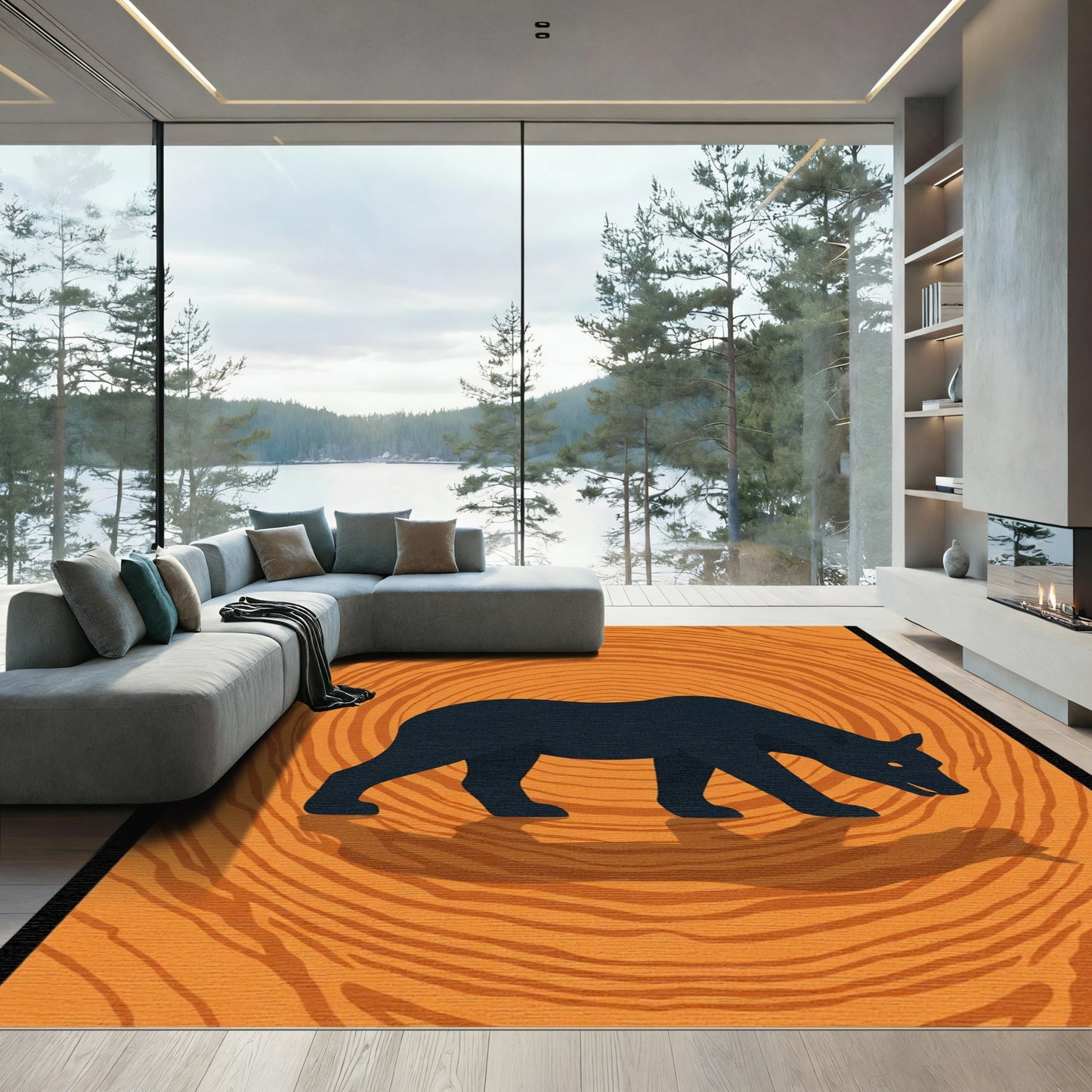 Black bear on orange wood grain Rug
