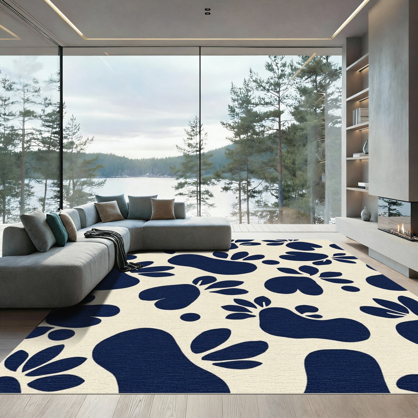 Navy Blue Organic Forms Botanical Rug
