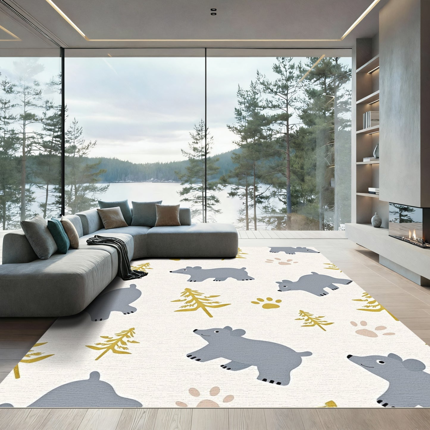 Cute Gray Bears Gold Pine Trees Rug