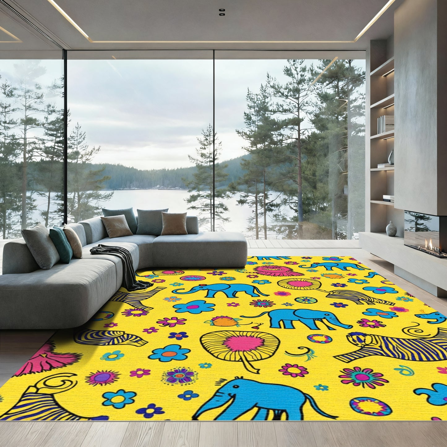 Vibrant Yellow Elephants Floral Whimsical Friends Rug