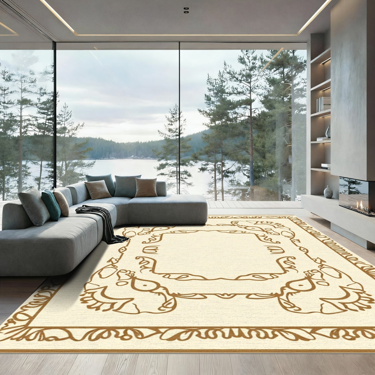 Earthy Cream Scrollwork Elephant Frame Rug