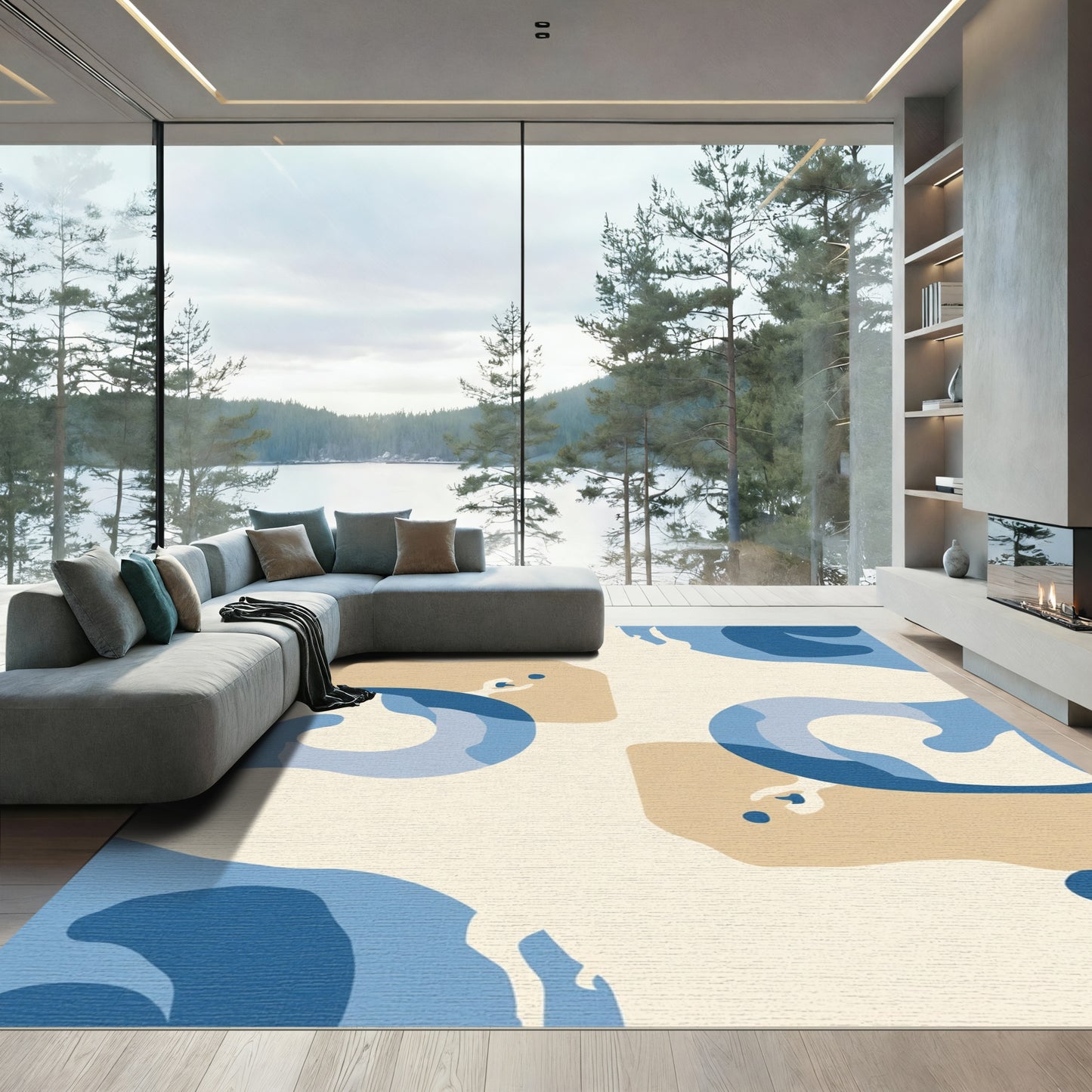 Abstract Blue Tan Wavy Shapes Rug
