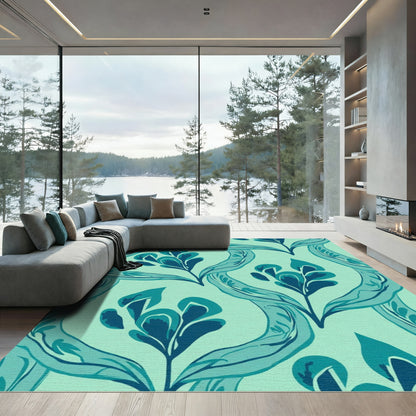 Aqua Teal Abstract Botanical Flow Rug