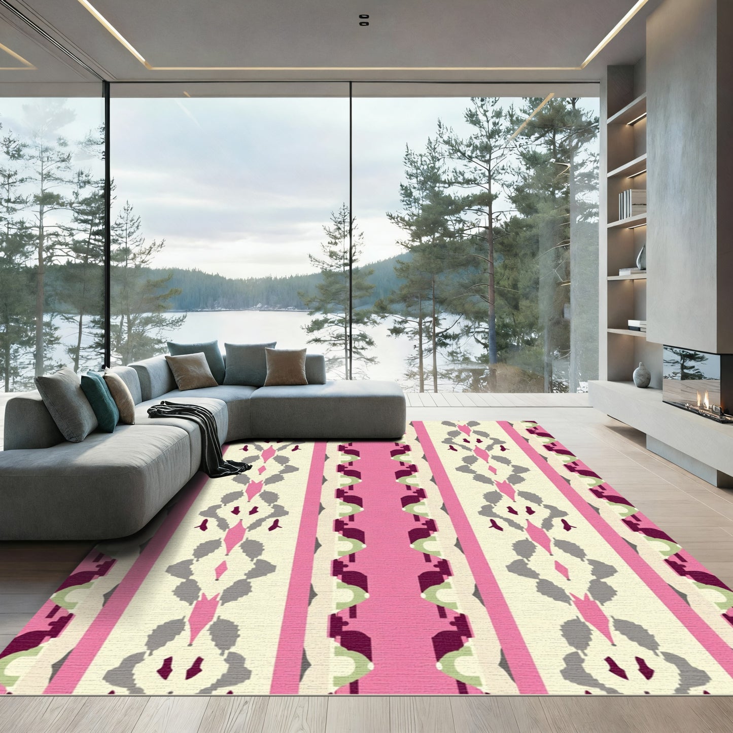 Pink Gray Striped Tribal Geometric Rug