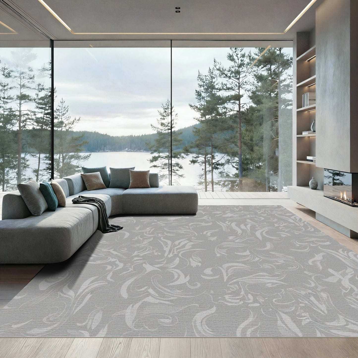 Soft Gray Abstract Swirl Vining Rug