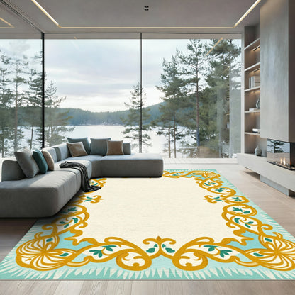 Golden Teal Floral Scroll Border Rug