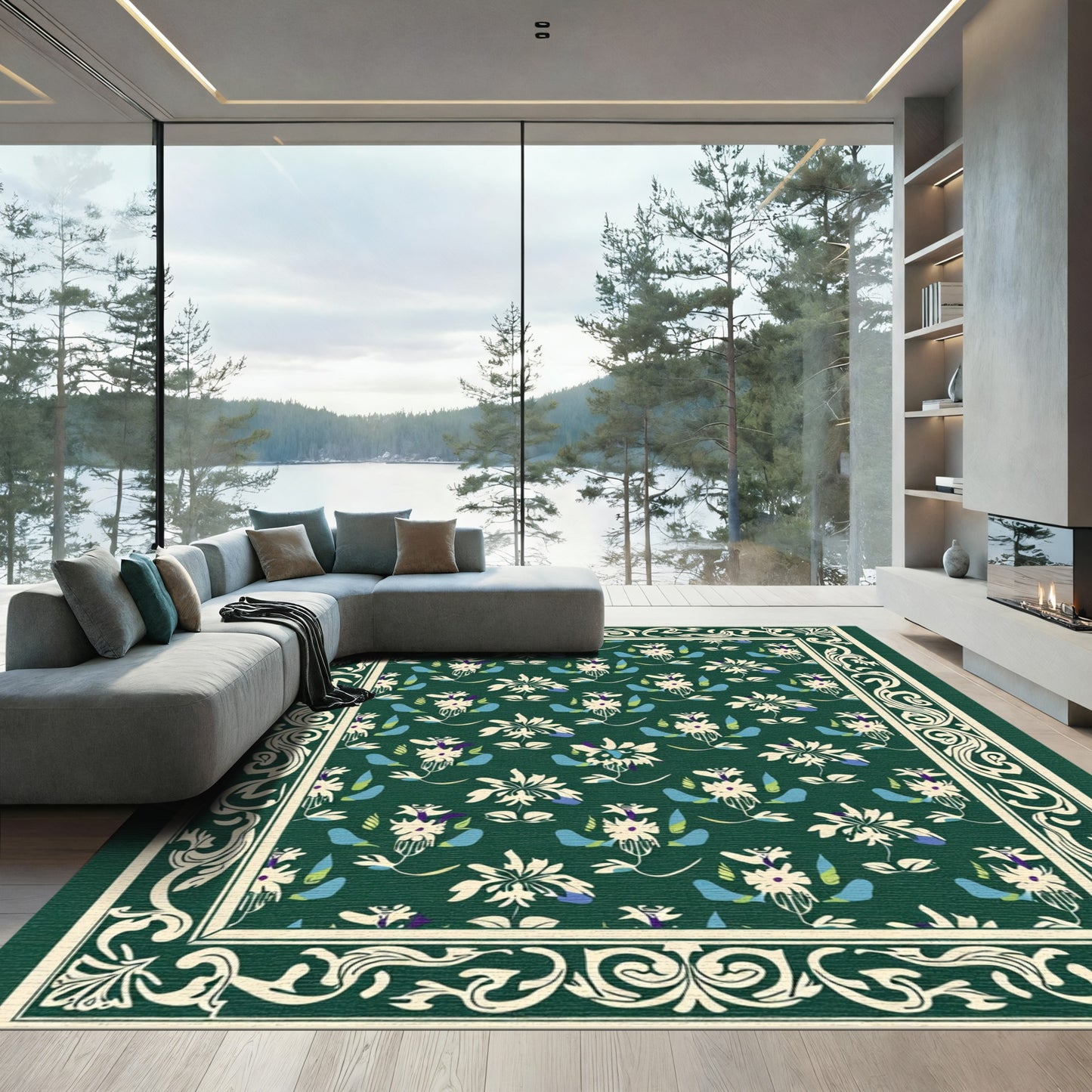 Emerald Green Botanical Floral Medallion Rug