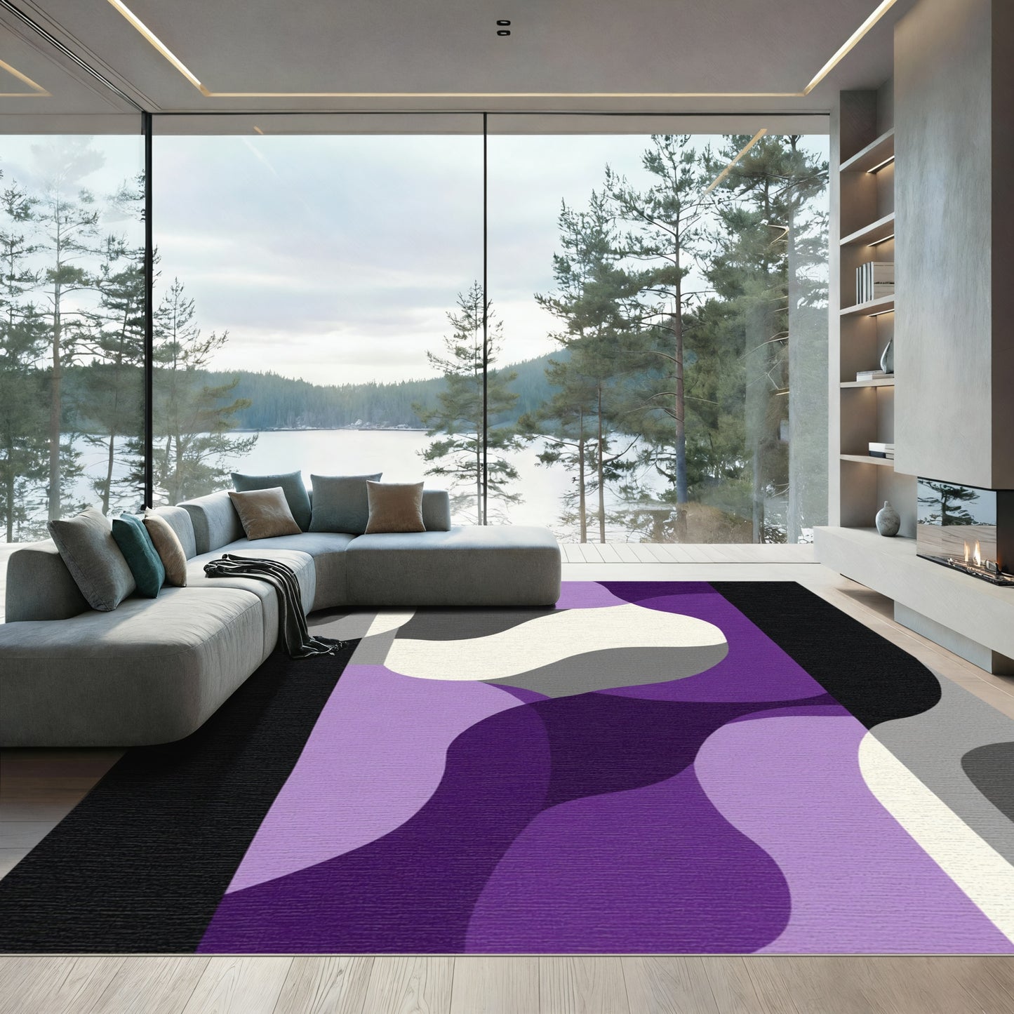 Abstract Purple Gray Ivory Waves Rug