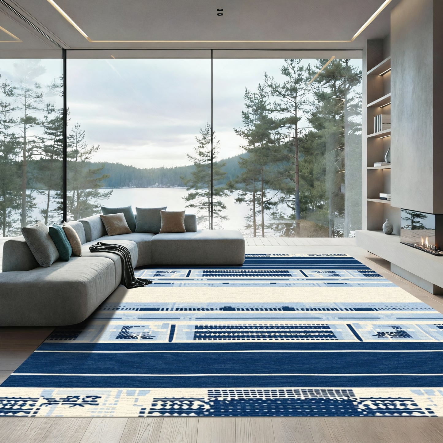 Indigo And Cream Geometric Band Rug