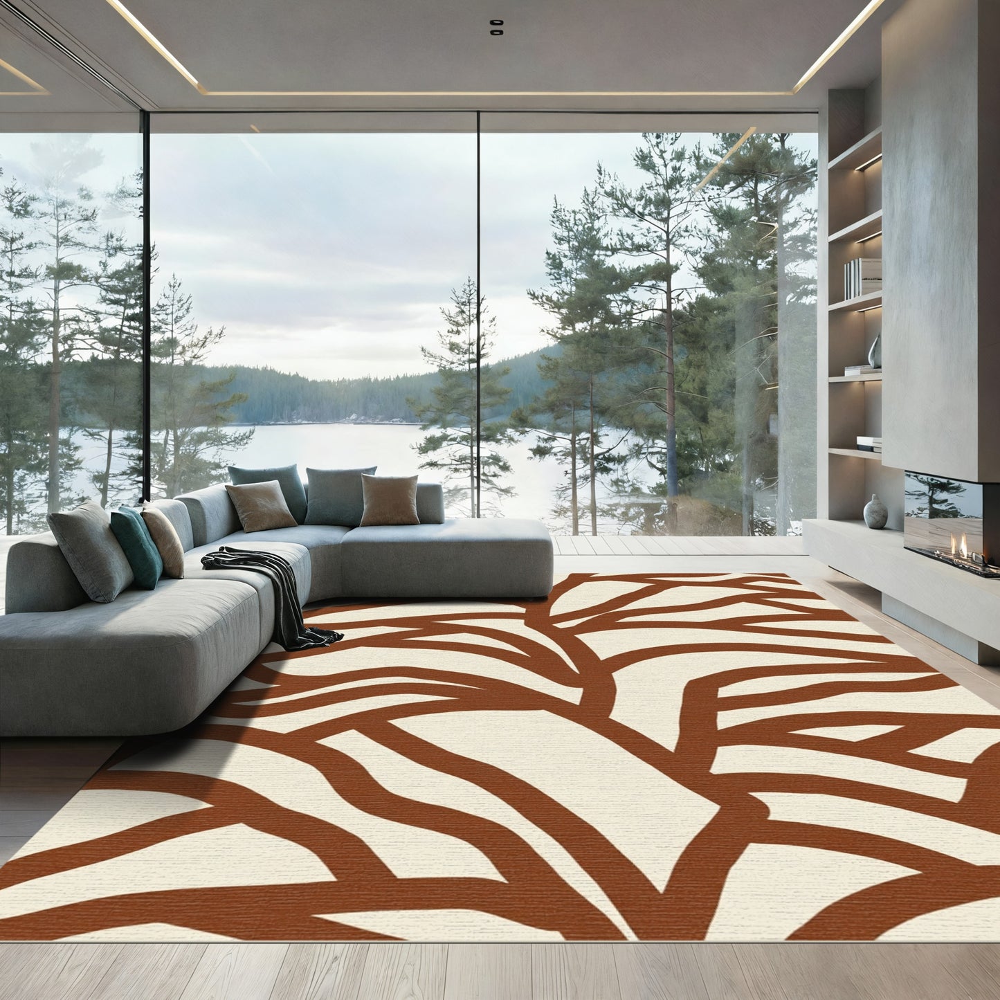 Abstract Brown Branch Swirl Rug