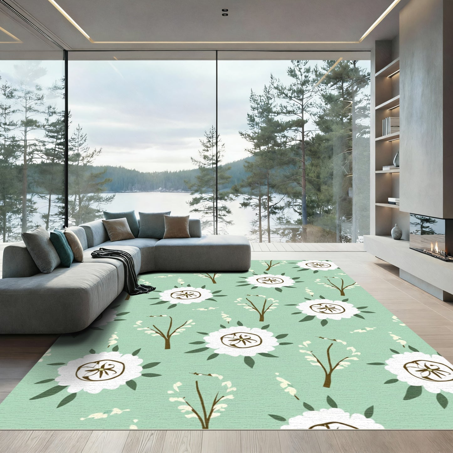 Green White Floral Branch Blossom Rug