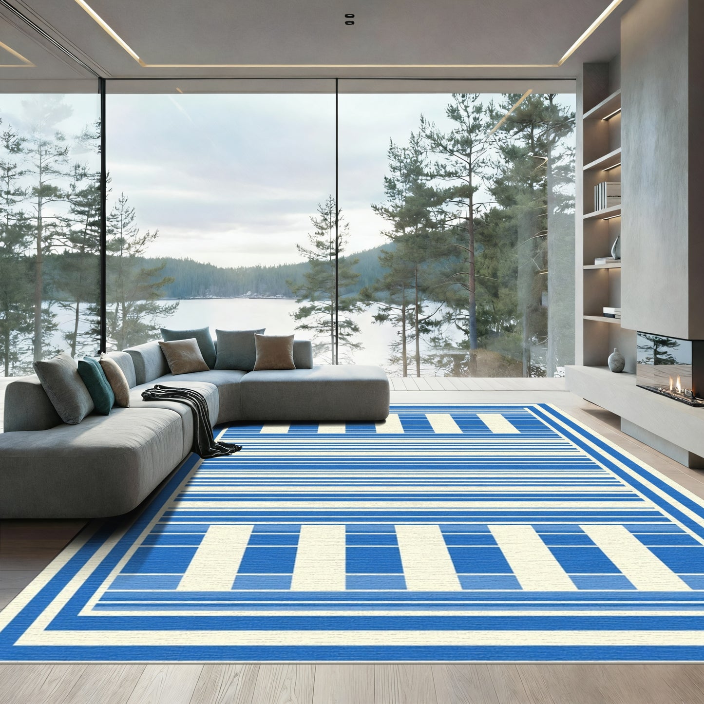 Modern Blue White Bordered Stripe Rug