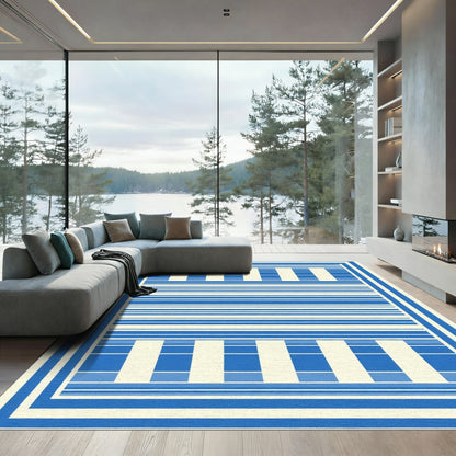 Modern Blue White Bordered Stripe Rug