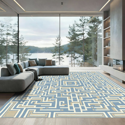 Blue Beige Abstract Labyrinth Rug