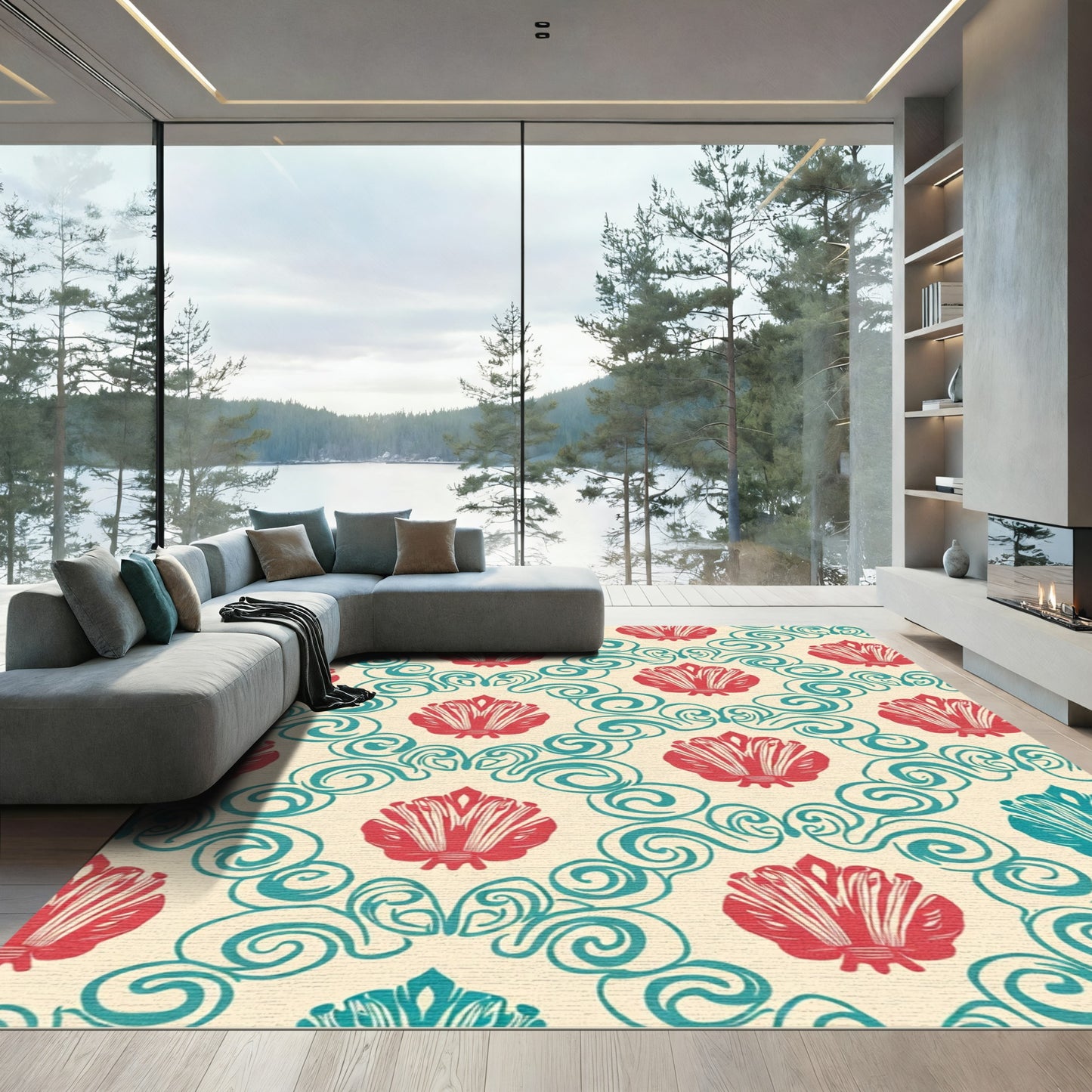 Coral Teal Scallop Scroll Damask Rug