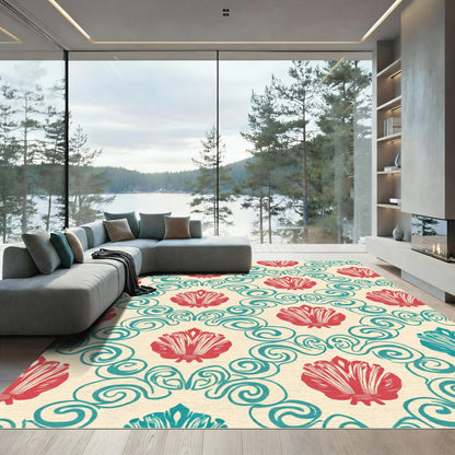 Coral Teal Scallop Scroll Damask Rug