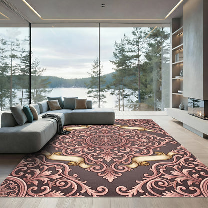 Antique Rose Scrollwork Medallion Ribbons Rug