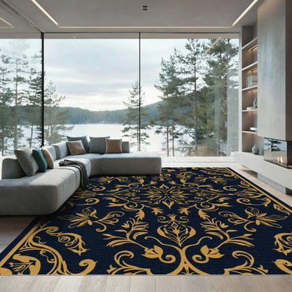 Dark Navy Gold Floral Manor Rug
