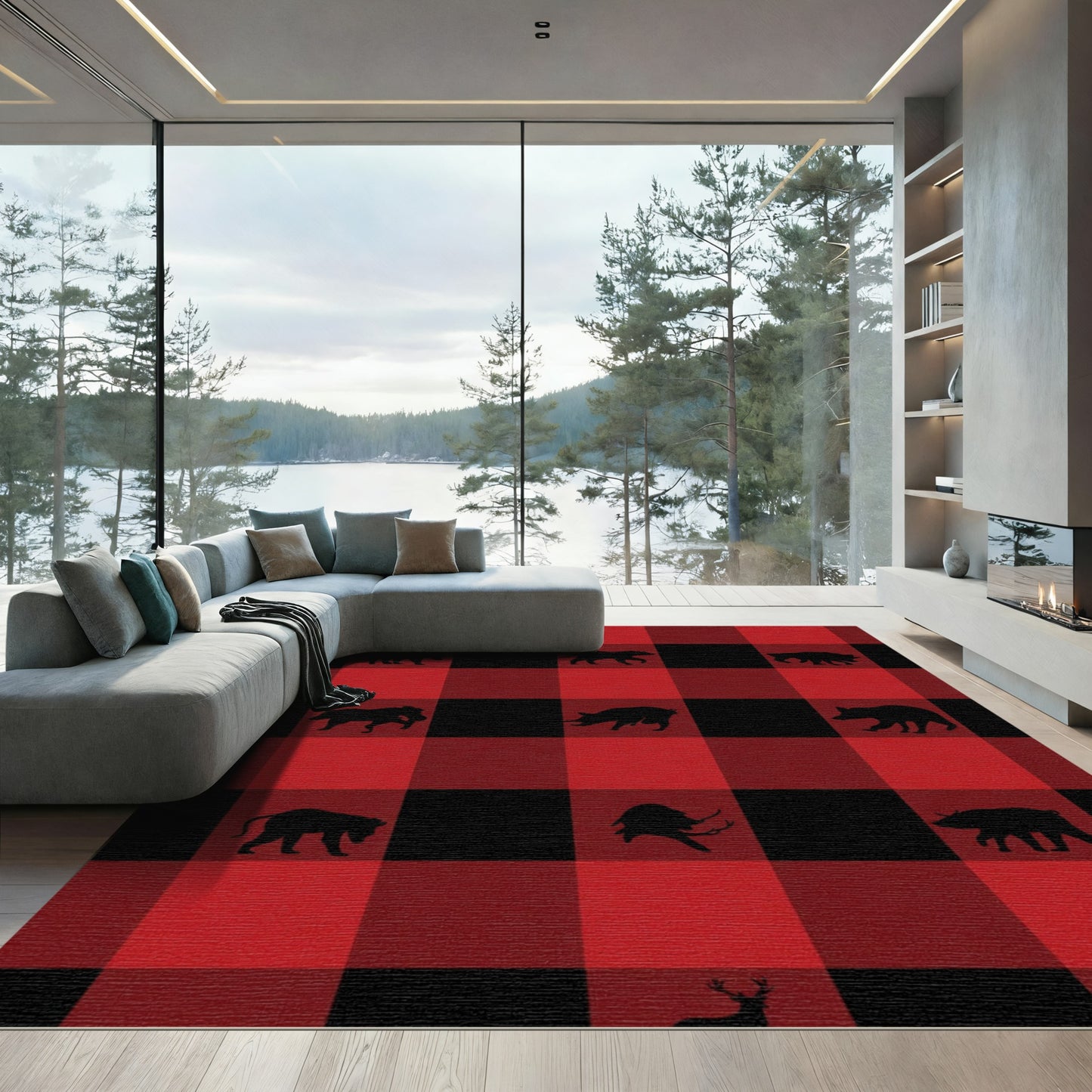 Red Black Plaid Wildlife Silhouette Rug