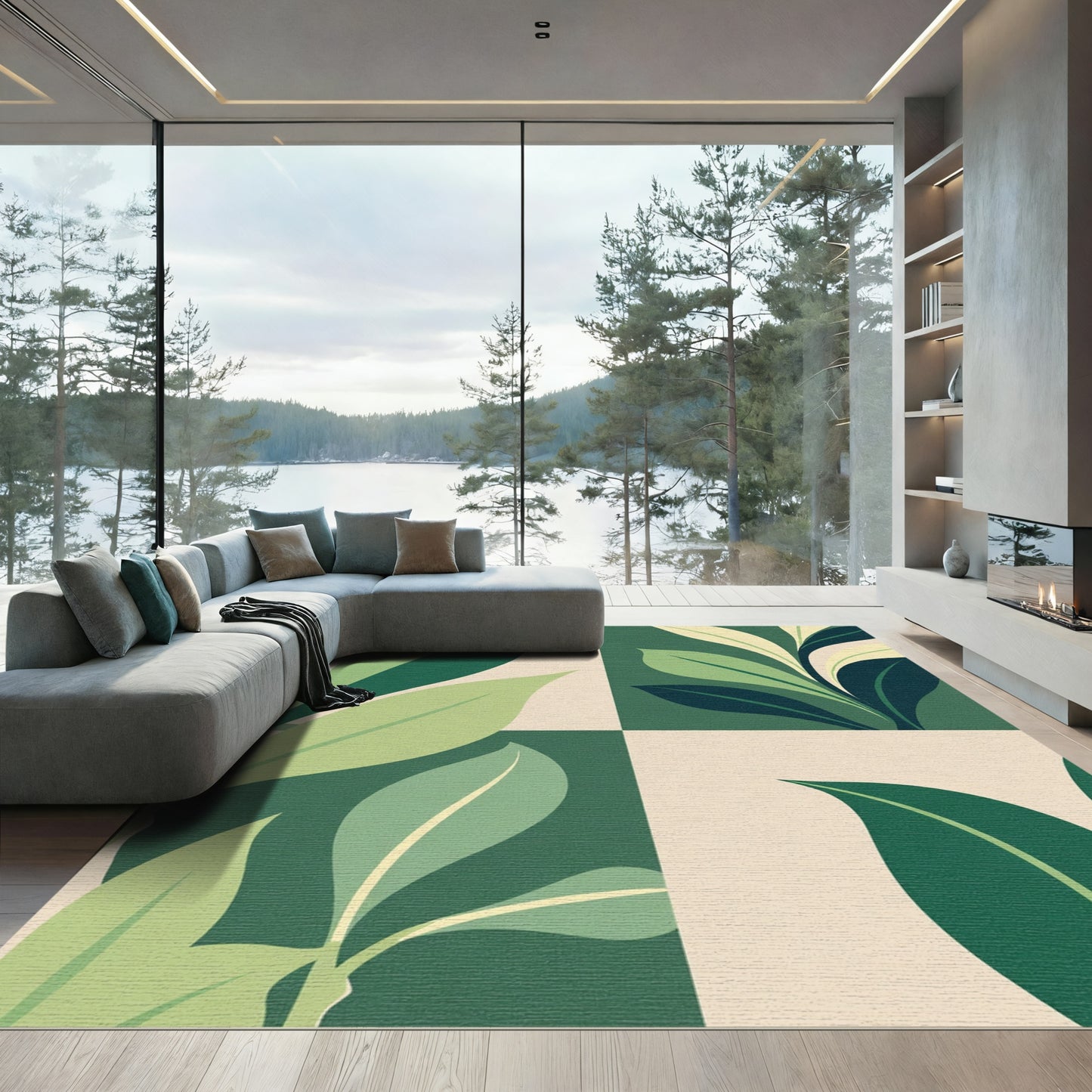 Verdant Leaf Squares Mid Century Modern Rug