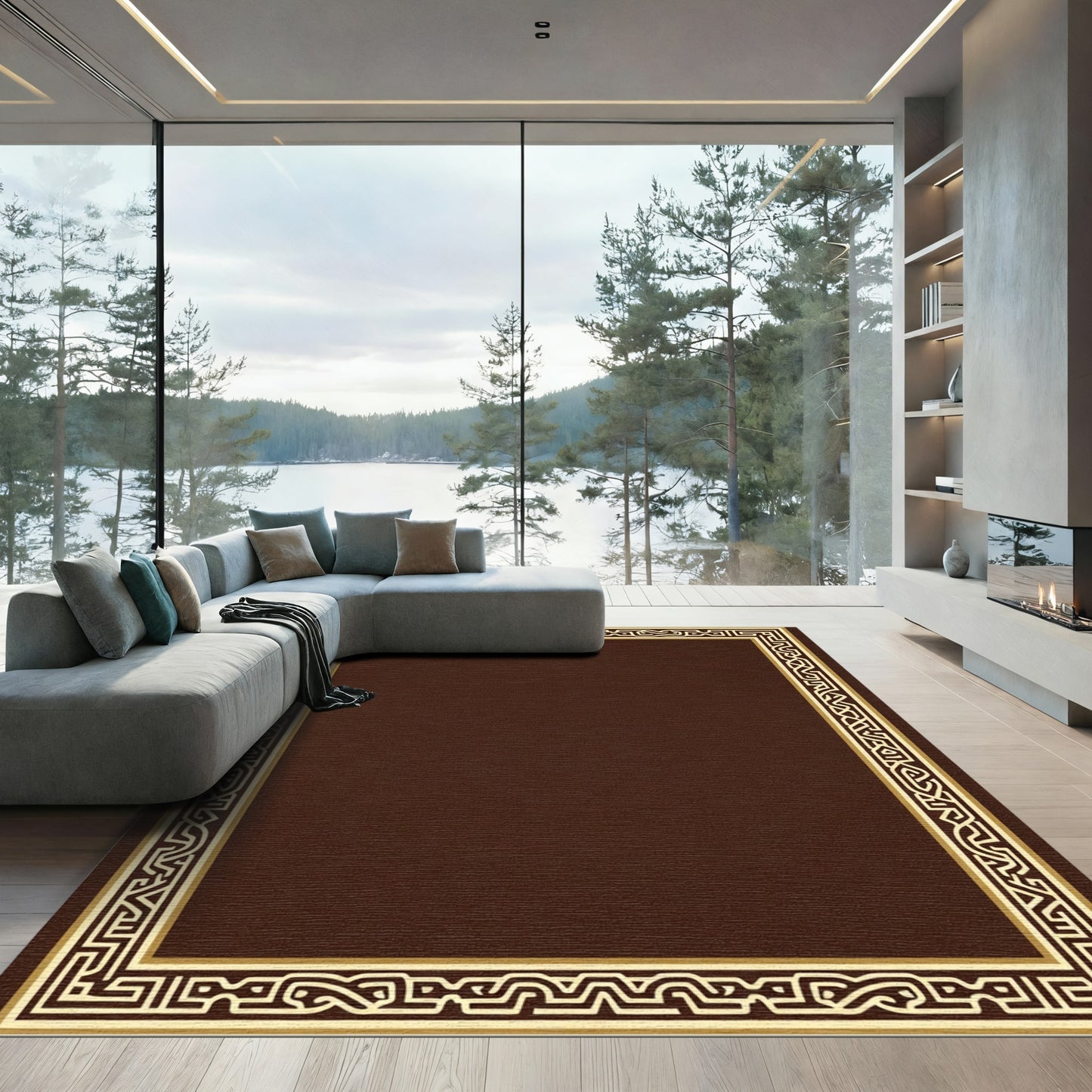 Deep Brown Geometric Scroll Frame Rug