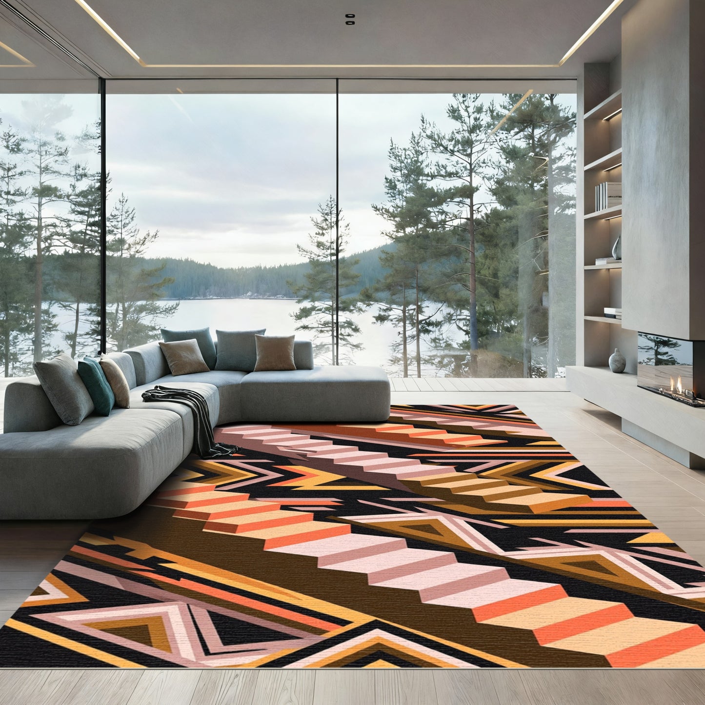 Geometric Staircase Ascend Orange Rug