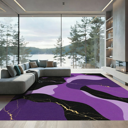 Purple Black Gold Marble Waves Rug