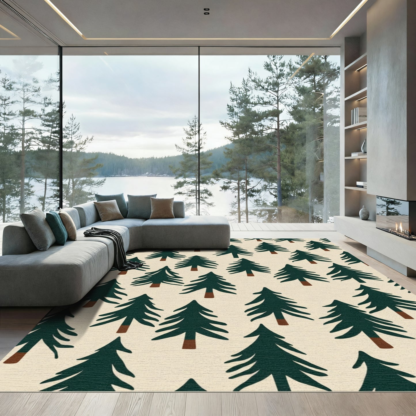 Deep Green Forest Trees Pattern Rug