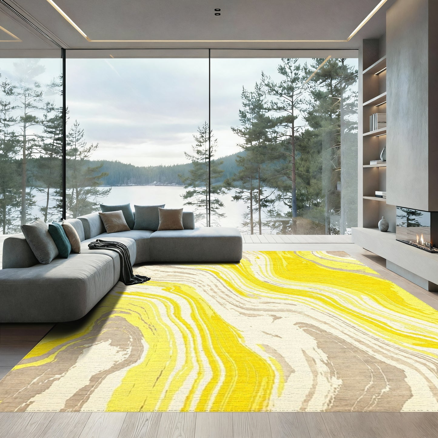 Mustard Yellow Gray Wave Rug