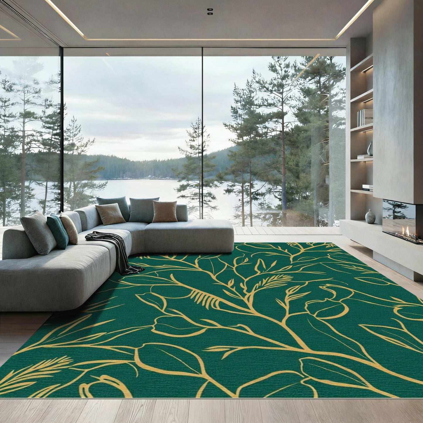 Emerald Green Golden Botanical Vines Rug