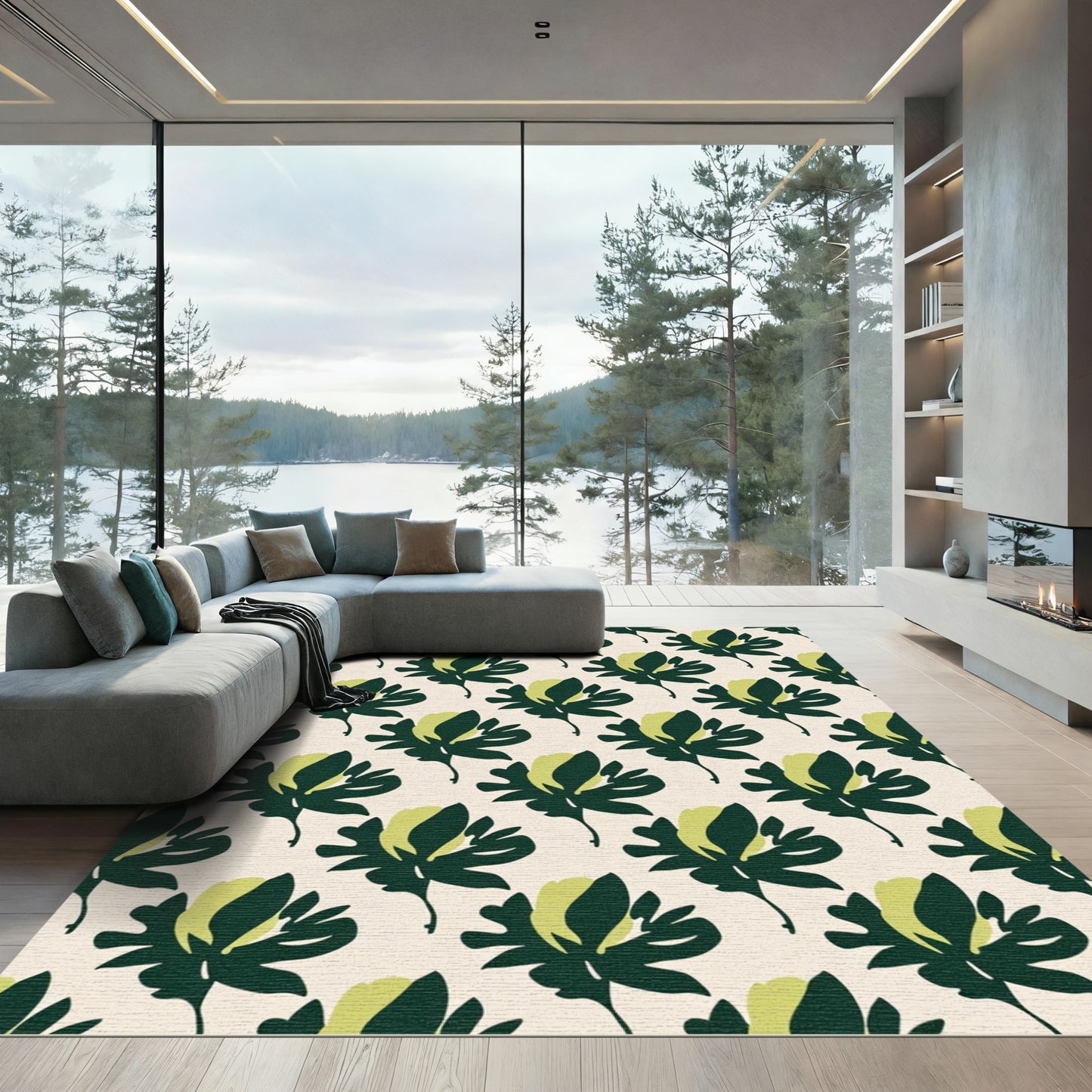Dark Green Yellow Blossom Arrangement Rug