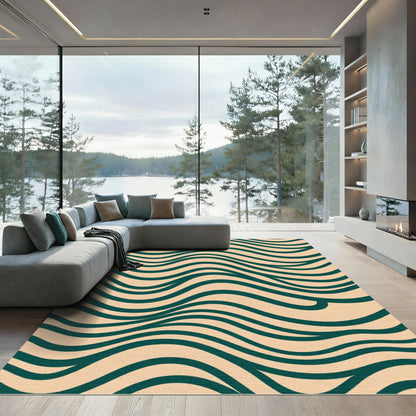 Teal Wave Abstract On Cream Rug