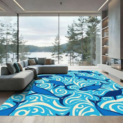 Deep Blue Ocean Whale Swirl Rug