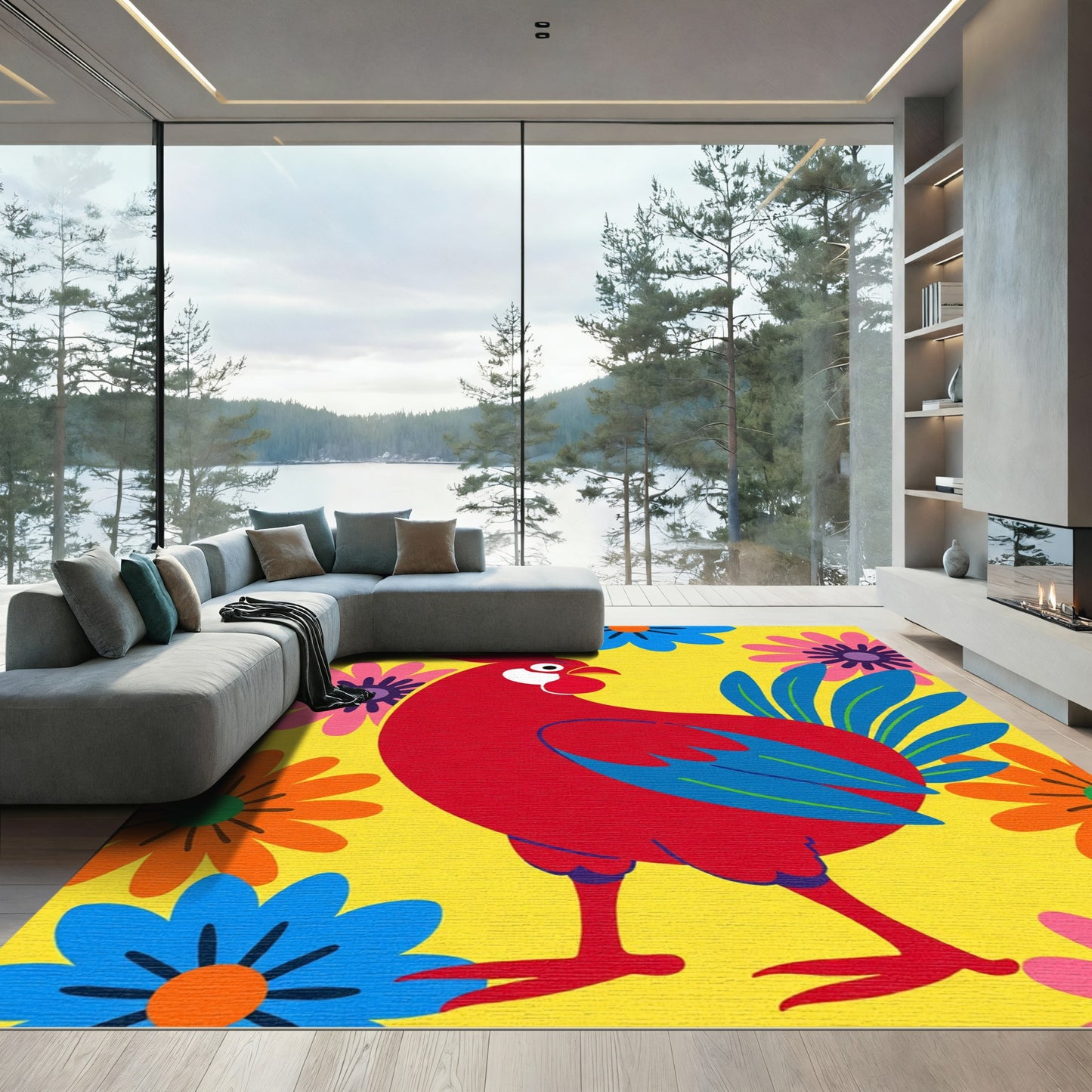 Bright Red Rooster Floral Garden Rug