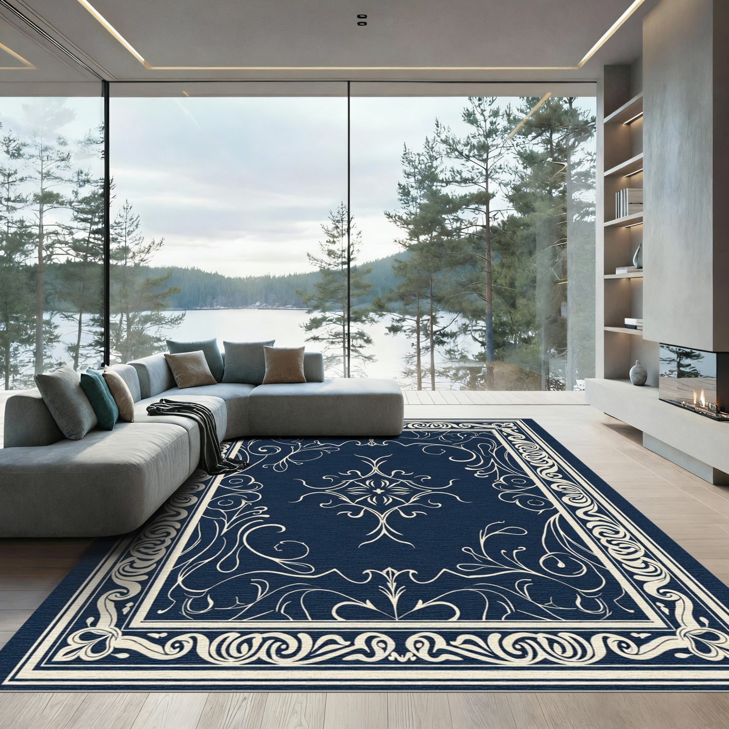 Cream Floral Inlay Navy Tapestry Rug