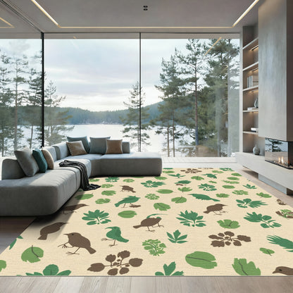 Green Bird Leafy Foliage Composition Rug