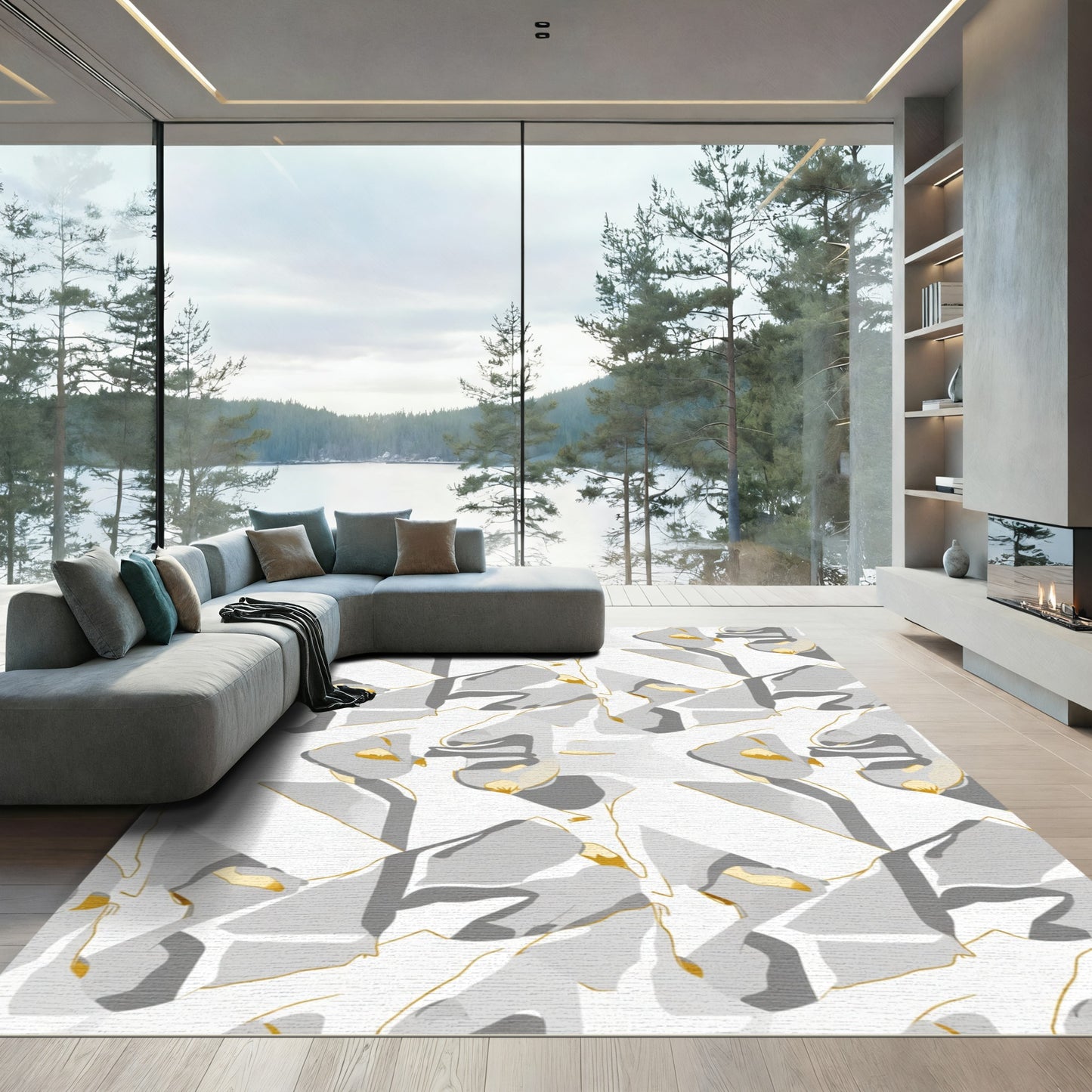 Abstract White Gold Stone Shapes Rug