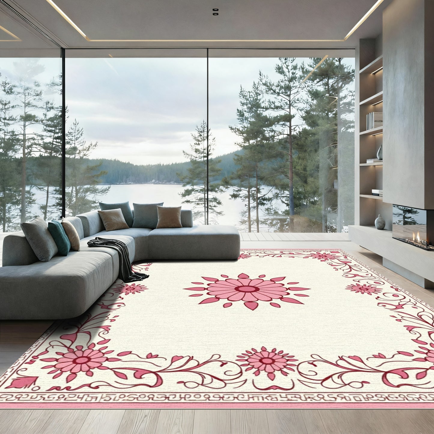 Pink Floral Border Medallion Rug