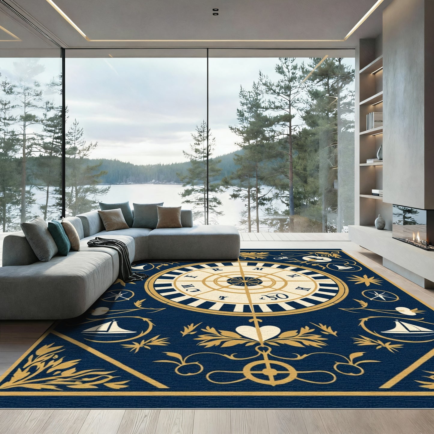 Nautical Navy Gold Compass Roses Rug