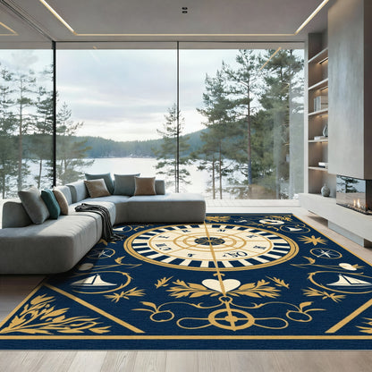 Nautical Navy Gold Compass Roses Rug