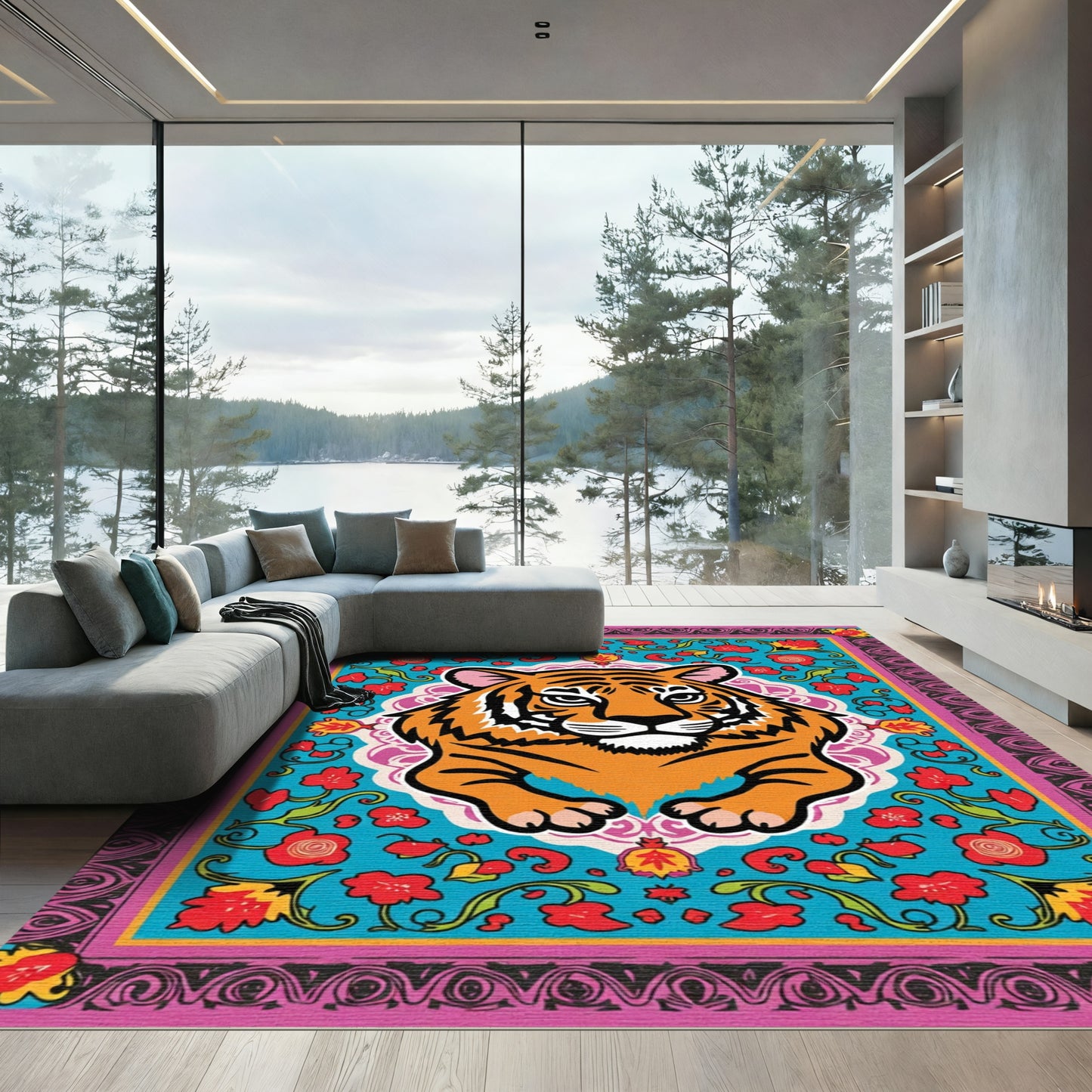 Vibrant Orange Tiger Floral Medallion Rug