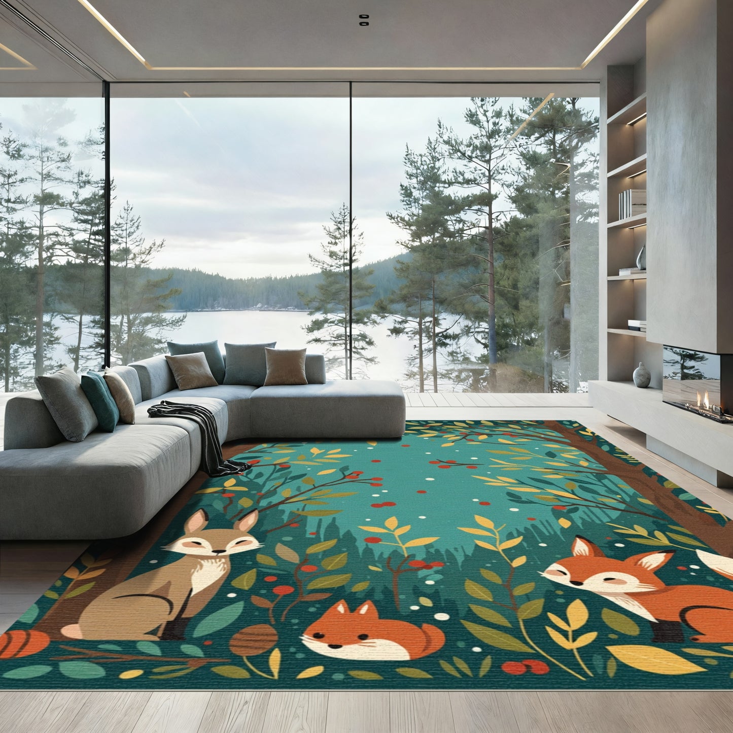 Woodland Creatures and Foliage Scene Rug